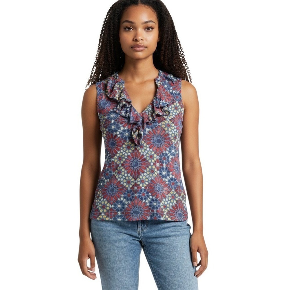 Chaps Denim Womens Blue Red Geometric Floral Ruffle Mesh Sleeveless Top Size M